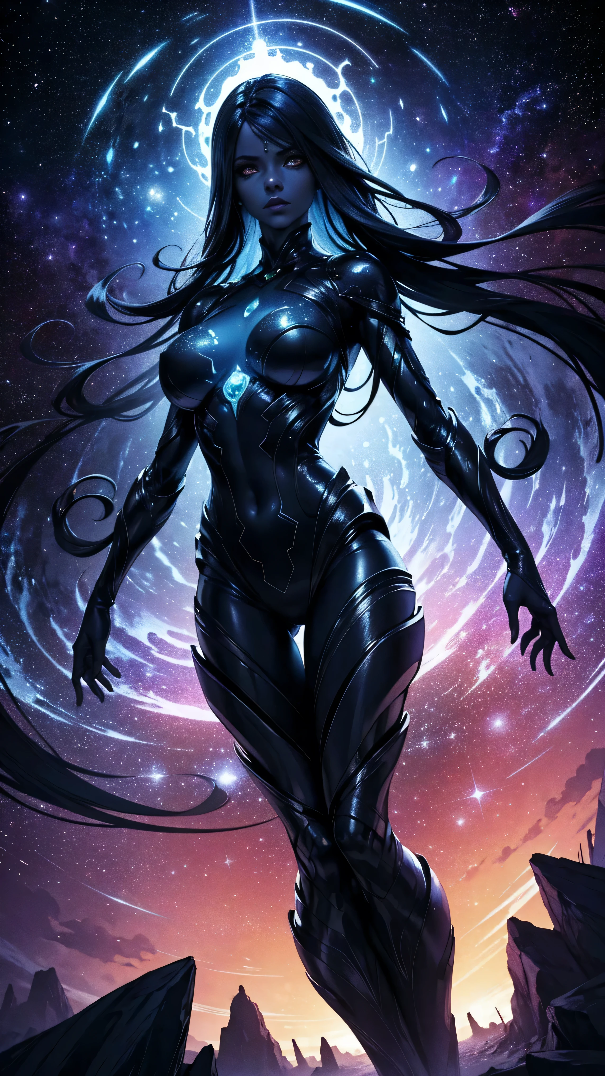 "cosmic entity": um ser com quatro olhos brilhantes, multiple arms, A breathtaking view from space reveals a twisted galaxy filled with strange life forms and entities that humans understand. Planet with night sky, fenda, leviathan, 8k, lindo, dramatic scene