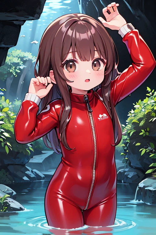  girl stands in the water of an underground dark cave, opens the front zipper of her wet red wetsuit, wet red diving suit, Ocean and Mayan Temple Background, nasses red Outfit, come out of the water, wet hair, soaking wet hair, Very wet body, very wet hair, Arms beside her body, dlsr, keen focus, Soft lighting, perfect face, ultra-detailed face, perfect brown eyes, pretty face, perfect anatomy
