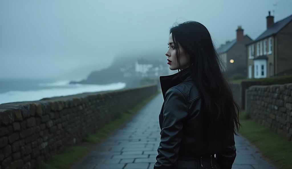 Luis Royo Style young woman, black leather rock style, very white skin, black long hair, red color lipstick on her lips, cold mystery cloudy cost of England, Luis royo, A foggy, abandoned small-town street at dusk. you see her backside, she is walking on small stone road at the cost toward a small town, the waves  are strong at the sea on the left, nice legs