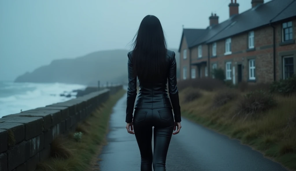 Luis Royo Style young woman, black leather rock style, very white skin, black long hair, red color lipstick on her lips, cold mystery cloudy cost of England, Luis royo, A foggy, abandoned small-town street at dusk. you see her backside, she is walking on small stone road at the cost toward a small town, the waves  are strong at the sea on the left, nice legs