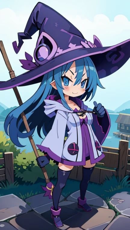 pygmy、(witch:1.5)、( bright blue hair、 don't tie your hair、 Very Long Hair )、Light blue eyes、Baby Face、smug face、blush、Big Breasts、valley、hat、 Large Hooded Robe 、Comfortable clothes、Long gloves、(tights:1.2)、knee-high socks、 long boots、Cane