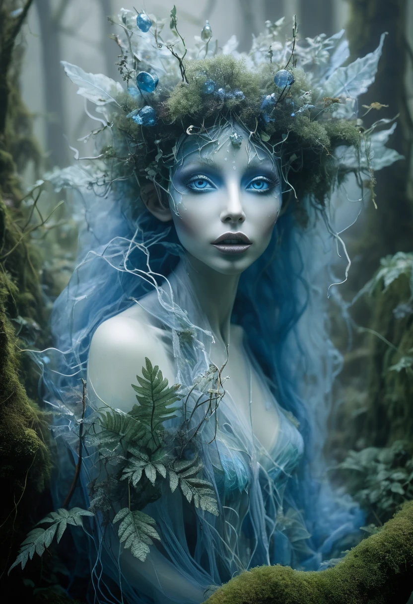 bokeh, cru, light on a seductive 30-year-old woman with long indigo hair gathered and (hazel eyes:1.4) with small and model body, (blue skin body and face:1.5), wearing an intricate elven dress, (fund: Swamp in an enchanted forest, trees, small waterfall, Small birds, shrubbery), natta, moonlights, fullmoon, atmospheric, details Intricate, ultra realistic, rule of thirds, dramatic pendant lighting, face detailed, cute, Shallow depth of field, details Intricate, godrays,