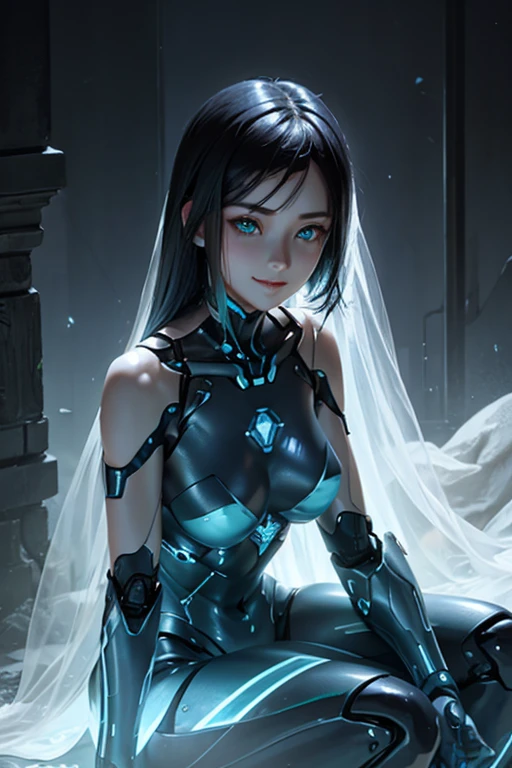 Female Robot。blue body。Shiny body、Silver material、The glass parts glow green、Sit on the ground。masterpiece、black Hair、mature、Android、green eyes、Upper Body、Beautiful female robot、sense of exaltation、confused smile、Asian female,