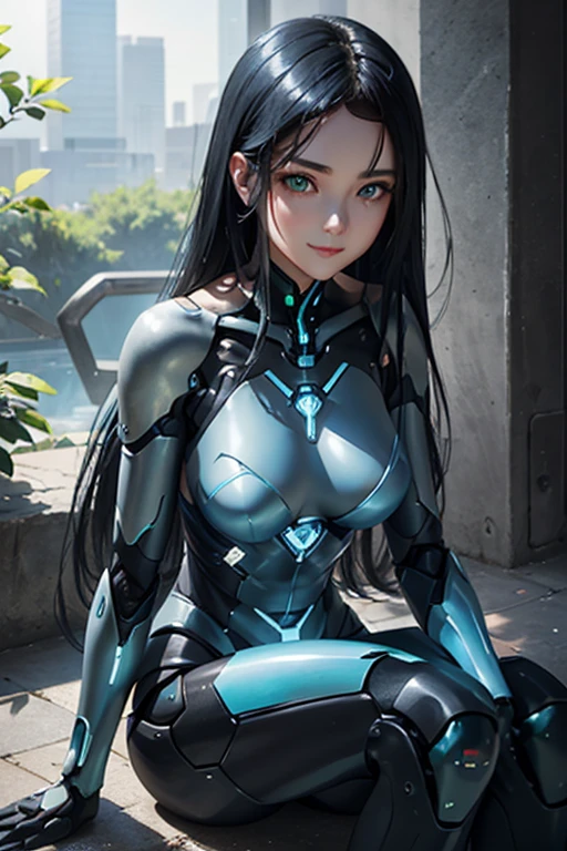 Female Robot。blue body。Shiny body、Silver material、The glass parts glow green、Sit on the ground。masterpiece、black Hair、mature、Android、green eyes、Upper Body、Beautiful female robot、sense of exaltation、confused smile、Asian female,