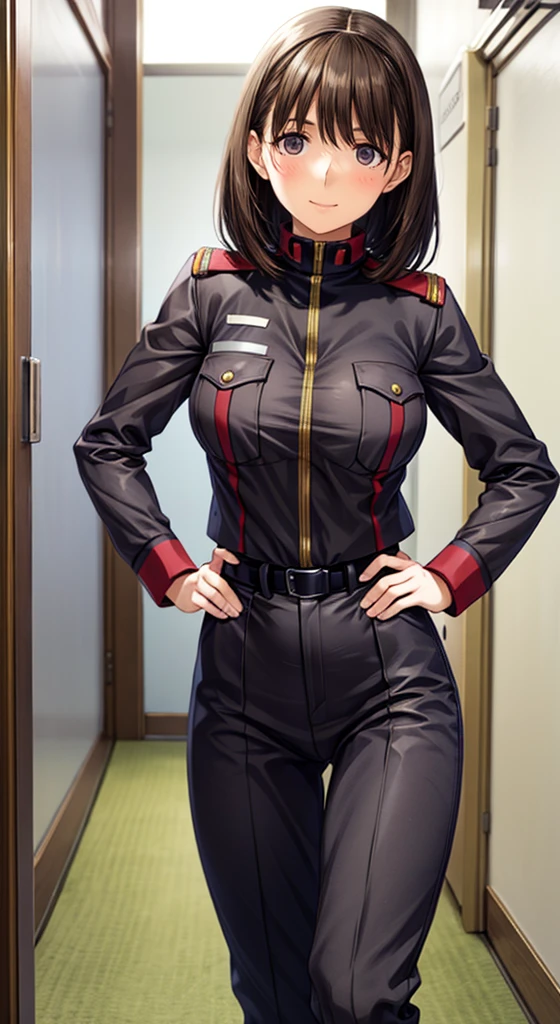 anime girl in uniform posing in a hallway with her hands on her hips, (sfw) safe for work, anya from spy x family, in uniform, red uniform, cushart krenz, female protagonist 👀 :8, cushart kenz, fully - clothed!!!, in a soldier uniform, makoto shinka, jk uniform、ミニスカート