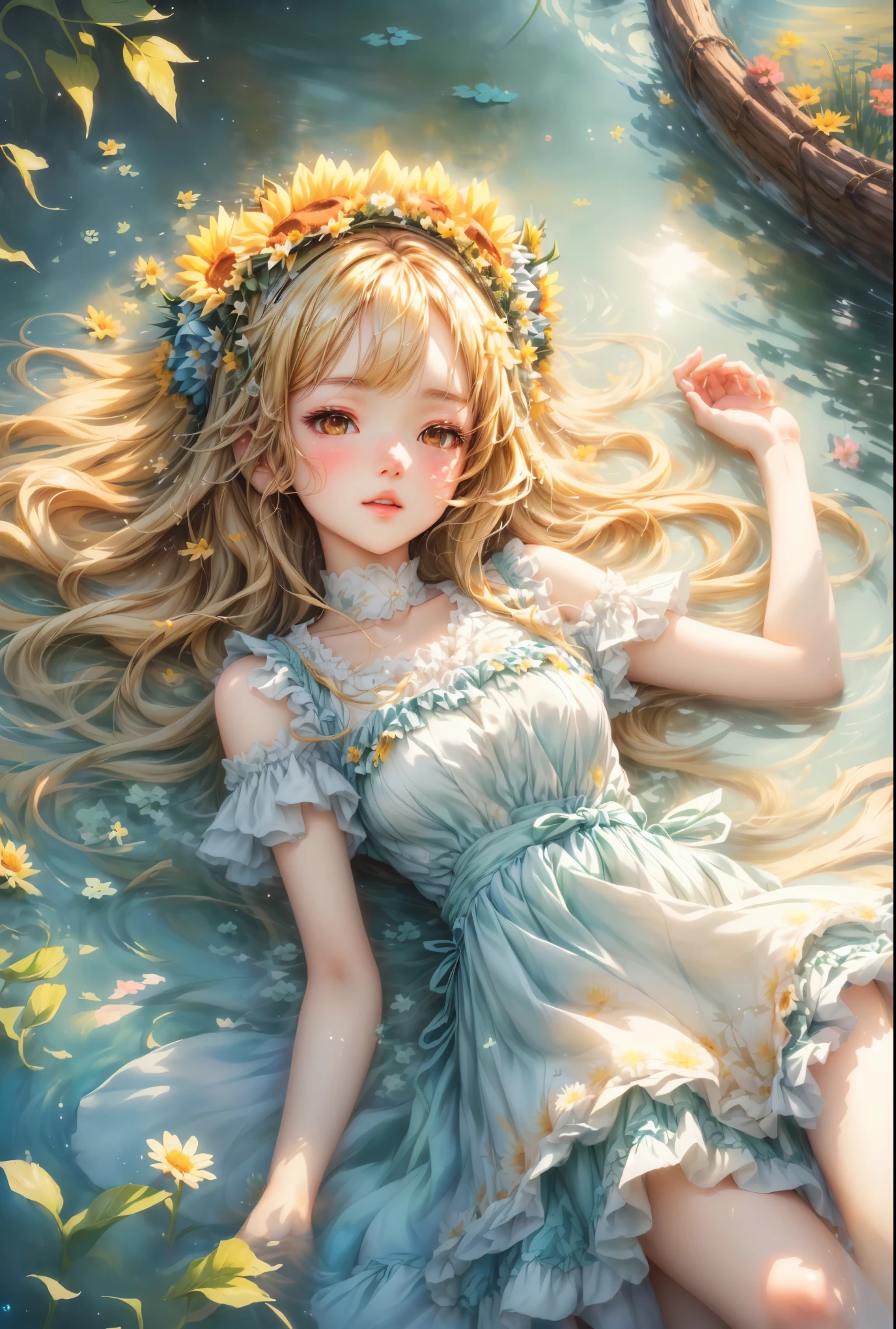 Anime girl lying on the ground in a lake with flowers, Gwaiz on pixiv artstation, Gwaiz, Gwaiz on artstation pixiv, splash art anime Lori , beautiful sunflower anime girl, everyone, artwork in the style of Gwaiz, Dress, beautiful anime girls, Irvin Bomb who is being talked about
