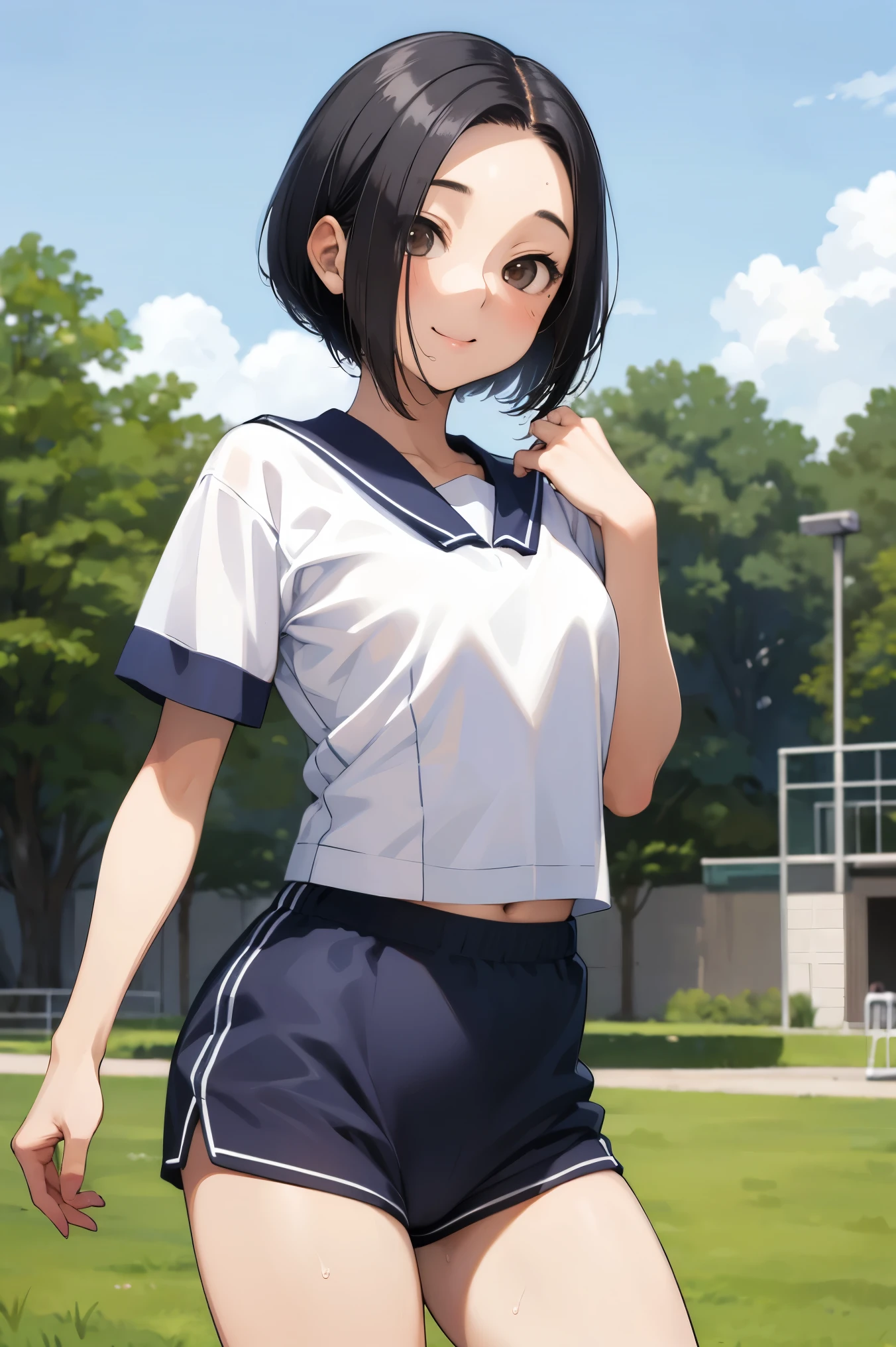 NSFW,masterpiece, best quality, high definition , very detailed,Ah-rinko 、 shorthair、 black hair、 bob cut 、Gym clothes,Bloomers,smile,sweat,School,Ground