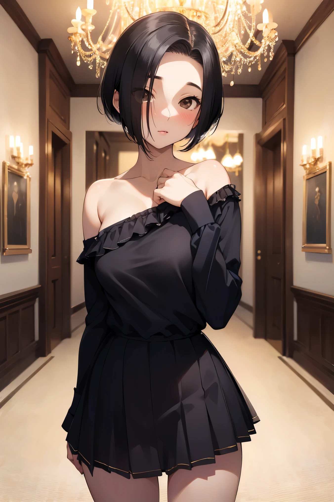(Best Quality, masutepiece:1.2, 超A high resolution, Realistic:1.5), Raw photo, 1girl in, Off-shoulder, In the Dark, Deep Shadows, low key lighting, Cool color tones, a captivating gaze, Short hair, foggy atmosphere, mystic atmosphere, subtle highlights, dramatic contrasts, Elegant Pose, intense emotion, ethereal beauty, Enchanting darkness, enticing expression
