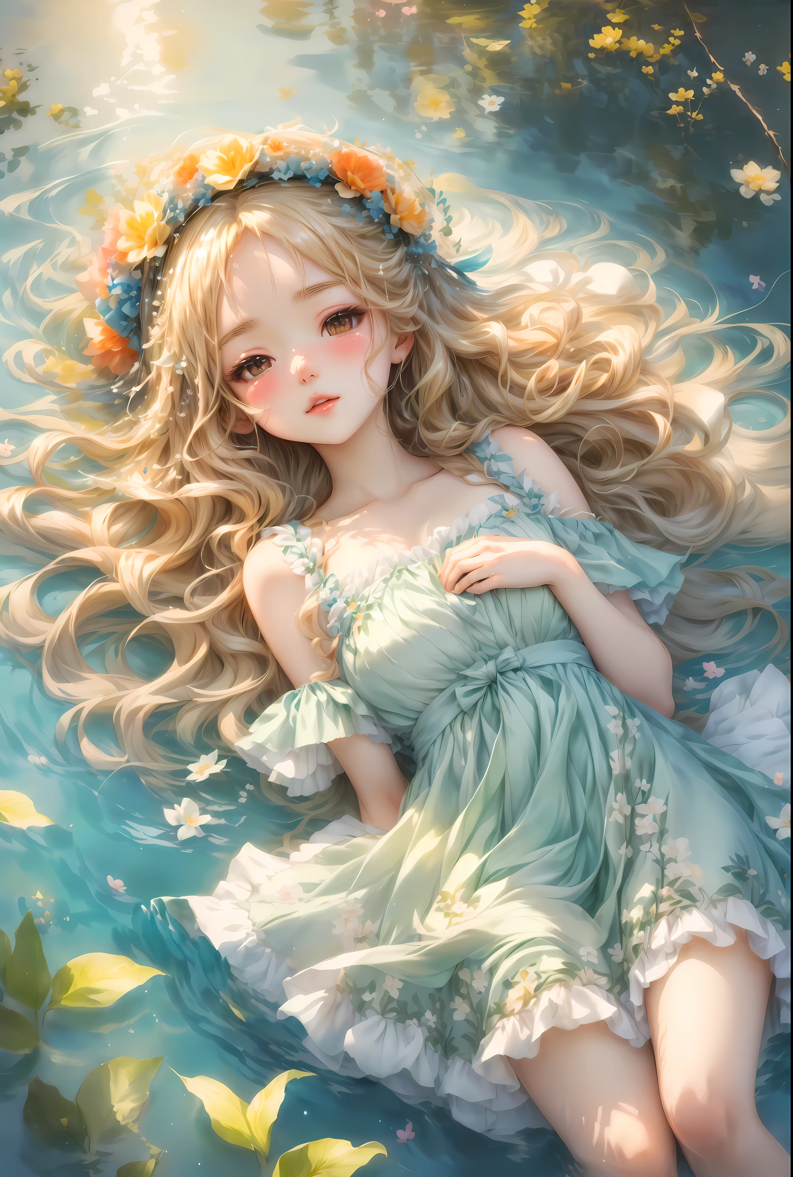 An anime girl lies in the water、Flowers in her hair,  beautiful anime girls, Cute anime bride 、 wearing a nice dress,  splash art anime Lori , Gwaiz on pixiv artstation,  Beautiful Animated Portraits , **** Dress, Gwaiz, everyone, artwork in the style of Gwaiz,   long haired blonde anime girl  