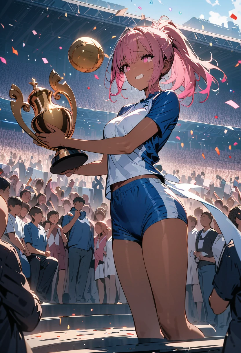 (masterpiece),(best quality),(ultra-detailed),(best illustration),(best shadow),(absurdres),(detailed background) 1 girl, dark skin, ponytail, pink hair, pink eyes, wearing a blue and white running outfit, standing on a podium, carrying a trophy, crying with happiness, confetti falling from the sky, the background is a podium with people applauding