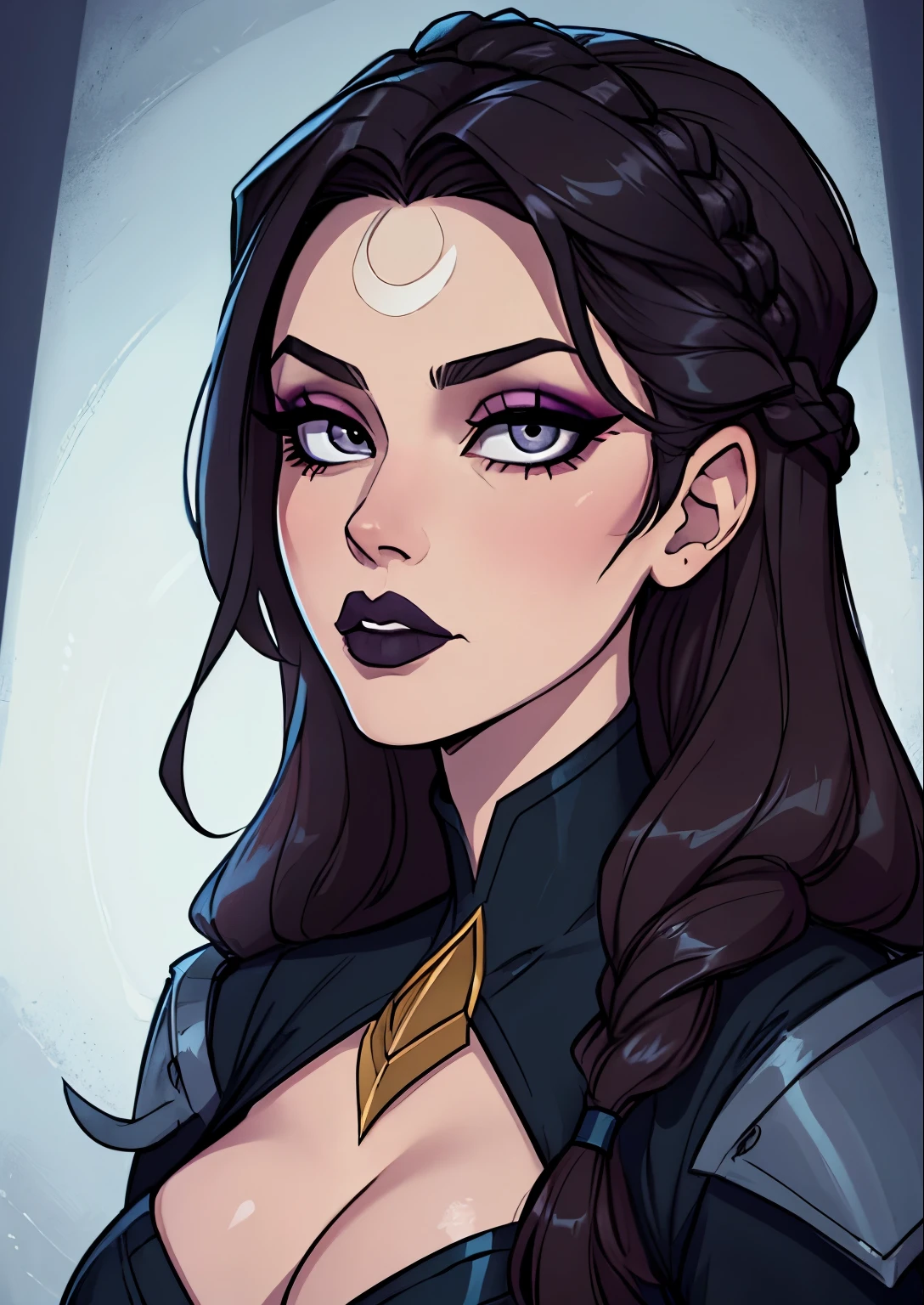 masterpiece, best quality, 1female, beautiful, face portrait, deep makeup, 1girl, face focus, long hair, dark hair, lipstick, goth, diana \(league of legends\), makeup, pale skin, straight hair, gray eyes, braided hair