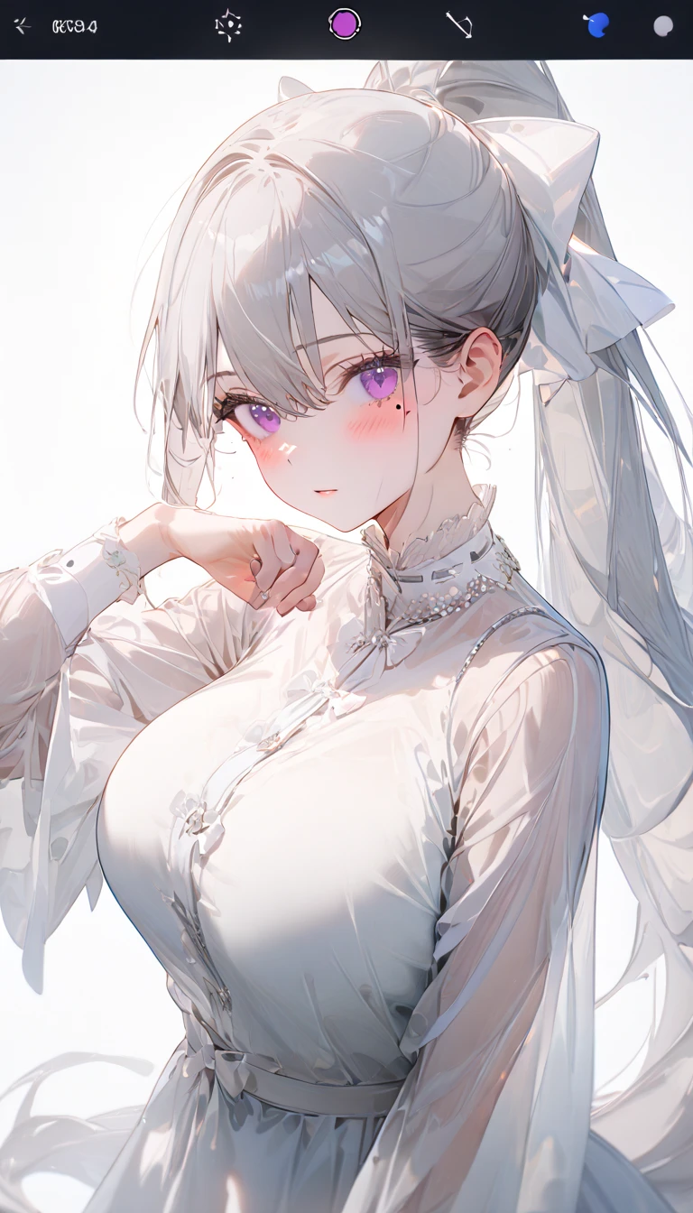 (8k, RAW Photos,  best quality,   Masterpiece :1.3), pose, 1 girl,  very beautiful face  , random expression ,ＪＫ_ style  ,(Age 19),Big Breasts,Normal hand,hk1, purple eyes, grey hair, hair between eyes, long hair, very long hair, ponytail, mole, mole under eye, bow, white bow