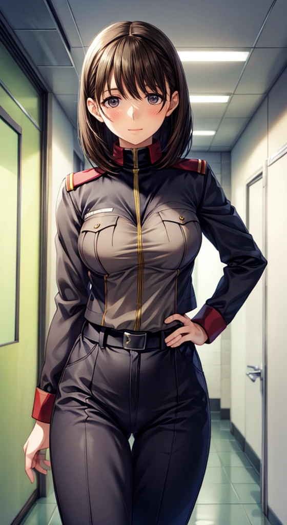 anime girl in uniform posing in a hallway with her hands on her hips, (sfw) safe for work, anya from spy x family, in uniform, red uniform, cushart krenz, female protagonist 👀 :8, cushart kenz, fully - clothed!!!, in a soldier uniform, makoto shinka, jk uniform