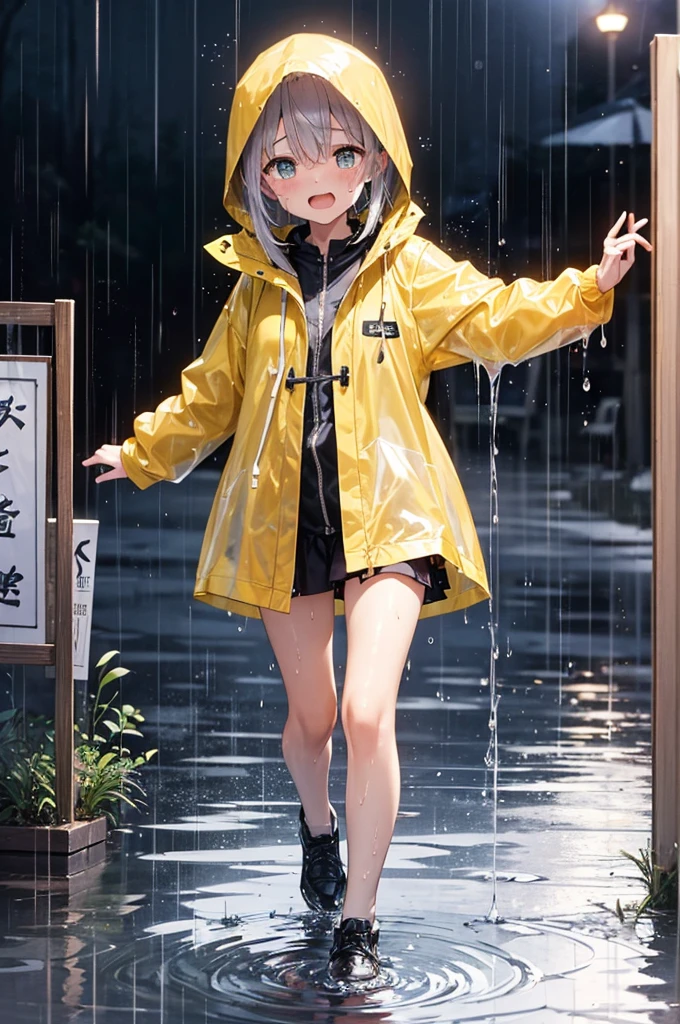 Cute little girl in yellow raincoat Glasses rain is falling
