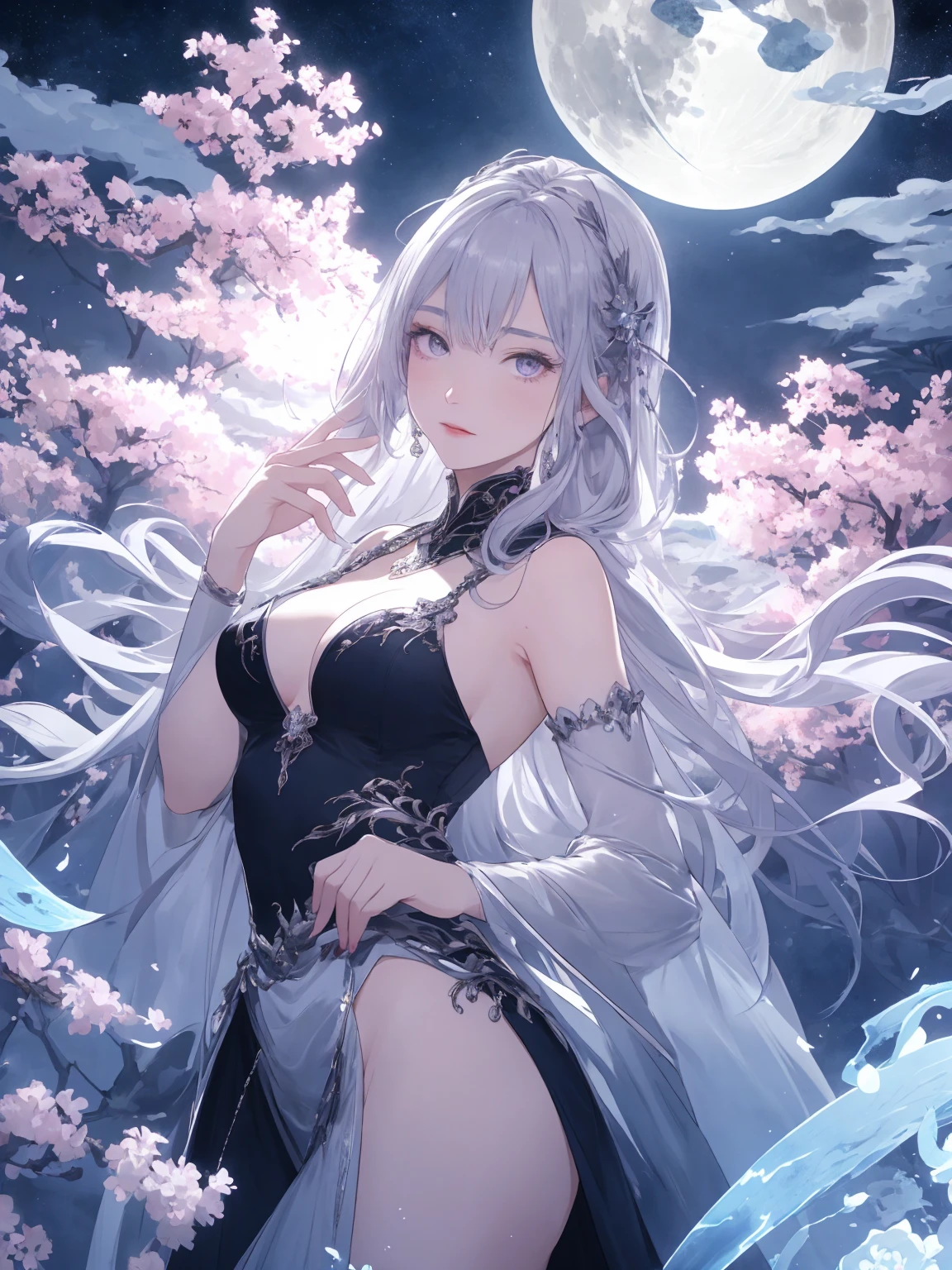 ((highest quality)),(ultra high resolution),(Super detailed),(detailed description),((best CG)),(best work of art),super precision art,great drawing art,(Art with precise details:1.5), (1 woman:1.8),(beautiful and well-shaped face:1.5),Eyes that hide sadness:1.5,light makeup:1.6,(A Chinese dress embroidered with intricately detailed flowers.:1.6,deep slit:1.5),(beautiful:1.6),(Precise and detailed cherry blossom hair ornament:1.4), (The sky reflected on the water surface:1.8),(look up at the moon:1.5)