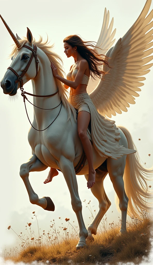 A female centaur,She is famous in the multiverse,She is both a female centaur, half human, half horse, half horse,It is also a female Yingzhao,Her image blends,The head, neck and shoulders of the horse are transformed into beautiful female humans, females, half-centaurs, half-horses, half-humans, half-humans, and human human upper bodies,and a chimera of a female half-horse with a beauty in the female body of the horse's belly,It's like a female human wearing a half-horse-like costume and making a seamless chimera,This chimerization is based on powerful futuristic technology。The ultra-wide-angle lens captures the image of her sleek and ethereal wings charging and leaping on the ionosphere。Her front half is a tall, sexy body with obvious feminine characteristics,Has K cup teardrop-shaped giant tit chest,Small man-waisted butterflies span long legs,The half-horse of the back half of the body is embedded in the front half of the body at the hip position,The horse-shaped half-horse torso form of the back half of the body is completely female and humanized,From the upper end of the sternum, the sexy bent dog style shape of the chest cavity embedded in the lower back position of the beauty body is placed transversely,Then there are the sexy beauty's horizontal waist and abdomen and straight hips,Her entire body has been completely feminized,Includes the half-horse part of the hind body,Mechanized armor covers the knee-shaped anti-joints and feet,And these parts are highly anthropomorphic,This gives her legs a graceful and slender line,She has four slender legs like a supermodel,Under the legs are skinny white feet dressed in Skyscraper Heels,Use Midjourney's advanced stroke tools and color palettes, as well as texture packs, model packs, and texture tools,Concentration,Femaleize all parts of her original equine physiologic appearance,And give these parts an ergonomic appearance,Finely treat the details of tight connections on the structure of the chest, abdominal cavity a
