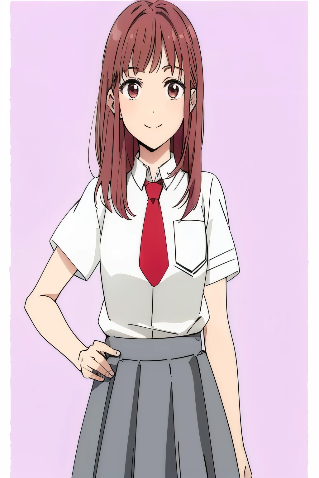 high quality, definition, light smile white button down uniform shirt, red tie, pinkish brown eyes, medium length hair, reddish brown hair color, gray slit skirt, fair skin,