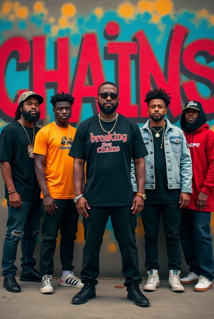 A highly realistic album cover for a hip hop group set in an urban environment. The scene features six diverse hip hop artists in bold, stylish streetwear, standing confidently in front of graffiti-covered walls. The graffiti includes the title 'Breaking Chains' spray-painted in a bold, artistic style. The leader of the group is in the foreground, wearing a shirt with the phrase 'A. I. RECORDS' clearly visible. The atmosphere is gritty and vibrant, with urban textures and lighting that give the image a sense of rebellion and authenticity.