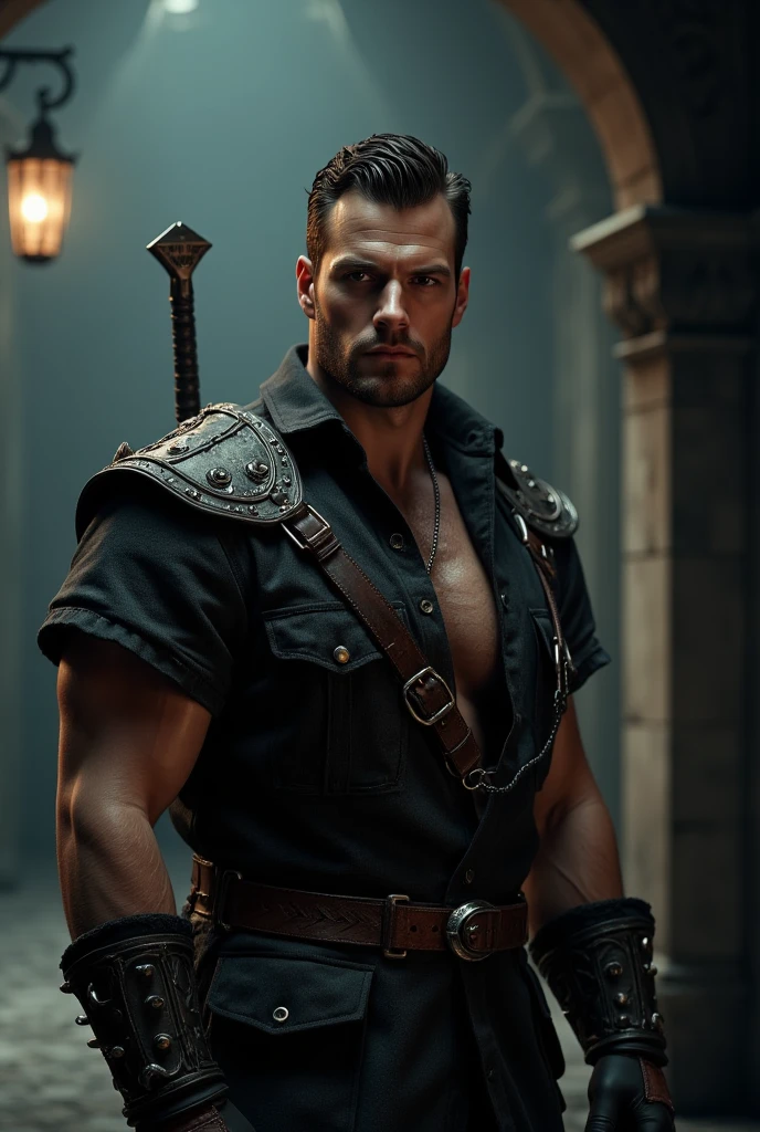 realistic, highly detailed, intricate details, detailed background, depth of field, 1boy, male focus, muscular, (polish male:1.2), (large pectorals:1.3), (puffy nipples:1.3), detailed face, (medieval fantasy theme:1.2), (yellow eyes:1.2), determined and angry expression, monster slayer, wearing (sleeveless witcher studded vest armor), bruises, cloak straps, necklace, trinkets, supernatural abilities, ancient ruins in background, dawn, intense action, dust particles, backlighting, bokeh, mystical atmosphere, action shot, (sheathed sword:1.2), polish male, (black hair, cropped short hair:1.2), goatee, dynamic pose, dynamic angle