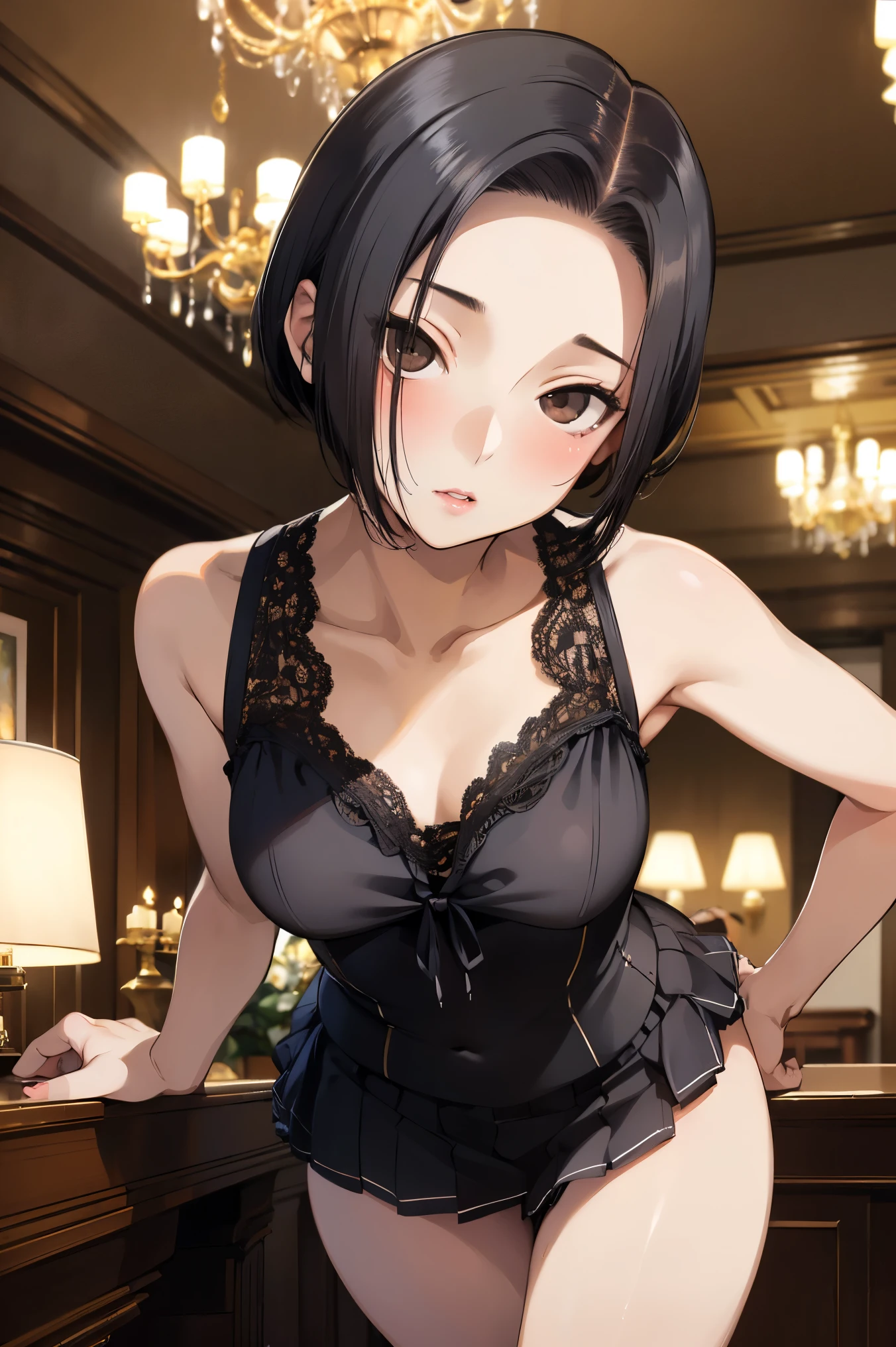 (best quality, High resolution, masterpiece:1.2), black hair, Beautiful woman, delicate eyes, Detailed lips, Dress, Single picture, Anime style，Large Breasts，cleavage