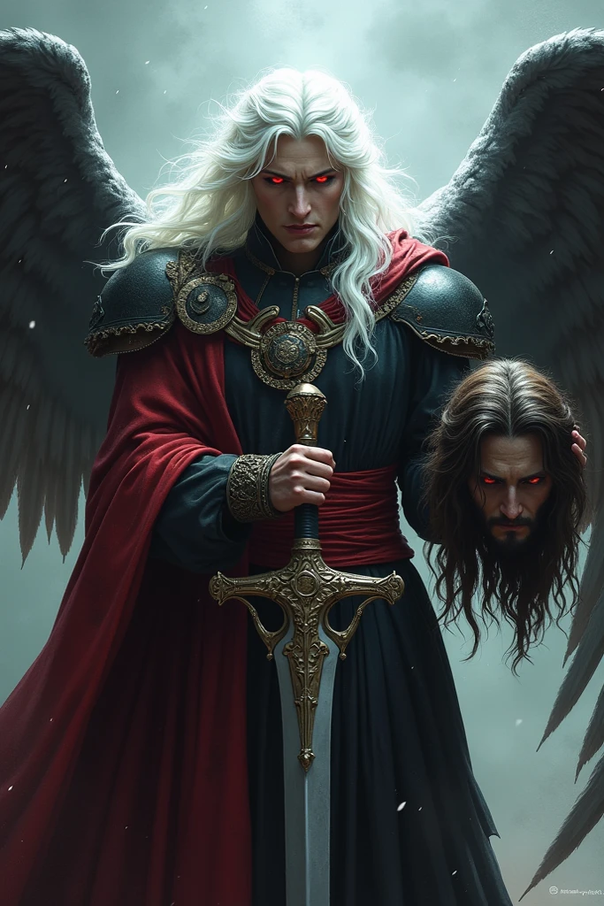 Fantasy-style illustration featuring a dramatic and intense scene. The layout is vertical, with a large, ethereal figure on the right side, draped in flowing white robes and possessing large, detailed wings. The figure has a serene, almost sorrowful expression, with pale skin and long, flowing hair. On the left side, Guts, the Black Swordsman, its massive blade glowing with a faint blue light. His face is partially obscured by his helmet, revealing a determined expression. The background is filled with swirling red mist and indistinct forms, adding to the chaotic and otherworldly atmosphere. The overall color palette is dominated by shades of red and white, creating a stark contrast between the two figures. At the bottom center, a circular logo bears the text 'Artvision1999' in a gothic font, Luffy mode nika