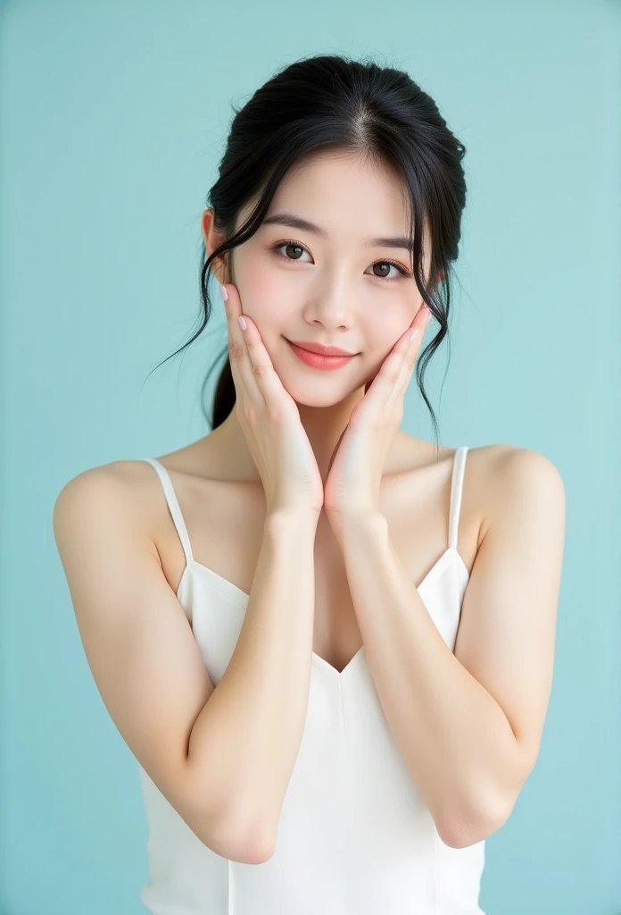 A young woman with a soft, fair complexion and delicate features, styled with minimal and natural makeup. Her hair is neatly tied back in a low bun, with loose strands framing her face. She is wearing a simple white spaghetti-strap dress, striking a playful and curious pose with her hands lightly touching her cheeks. The background is a soft pastel blue, creating a fresh and cheerful atmosphere. Studio lighting, high detail, professional photography, elegant and minimalist aesthetic.