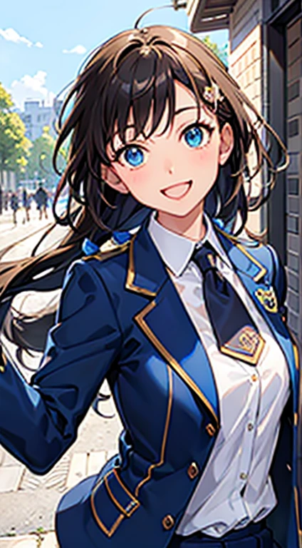   Masterpiece ,  best quality,  school uniform, inquiry, , smile,  upper body,  face up,  portrait,  open her mouth ,  white shirt,  Blue Jackets , outside, null, day, Green Park,  perfect lighting,  dynamic angle 