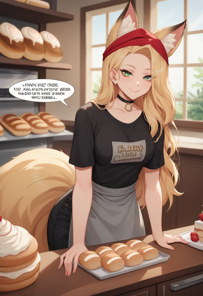 Create an image of an anime girl, 19 years old, fox ears, fox tail , long hair, green eyes, very dark big circles under eyes, dark circles under eyes, blonde hair, black trousers, choker, wearing black t-shirt, grey apron with lettering text "ЦЕХ85", A red bandana on her head forehead, day time, (bread shop background), cashier in bakery shop, bakery shop bakery shop , Eats eclair, white face cream, Sales consultant, smile closed mouth, text "ЦЕХ85", sex fucking masturbation hentai sex fuck fucking sex sexy, big large dialogue window