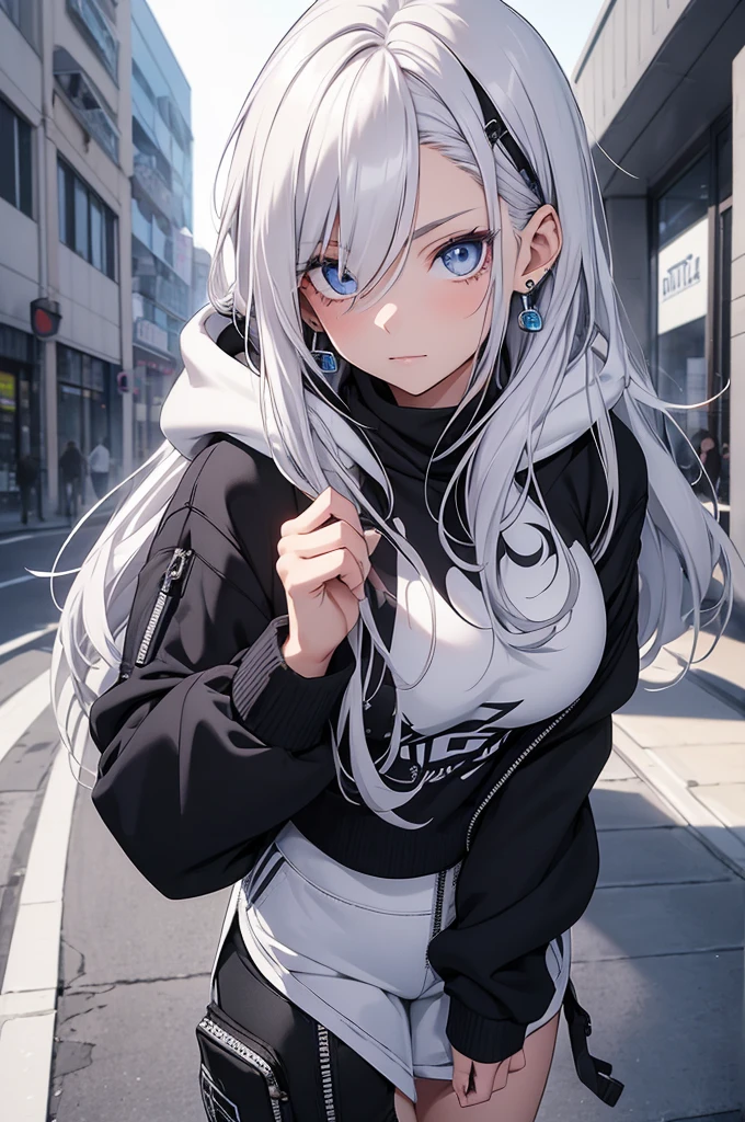 best quality, ultra precision, 1girl, cute, little girl, young, boyish, childish, small breasts, silver hair, cat ears, blue eyes, beautiful eyes, girl, ecstasy, sailor collar, estrus, metestrus, start to undress, naughty mood, she loves you, lost virgin, virgin, blush, beautiful skin, big bow on chest I'm not wearing panties BLUE SWEATER, BLACK SHIRT, SHIRT UNDER SWEATER, OFF SHOULDER TOP) Tsundere