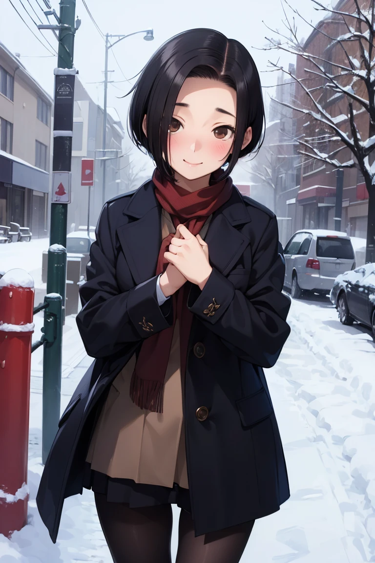 NSFW,masterpiece, best quality, high definition , very detailed,Ah-rinko 、 shorthair、 black hair、 bob cut 、 Long Coat , muffler , pantyhose,snow,blush,Embarrassed,smile