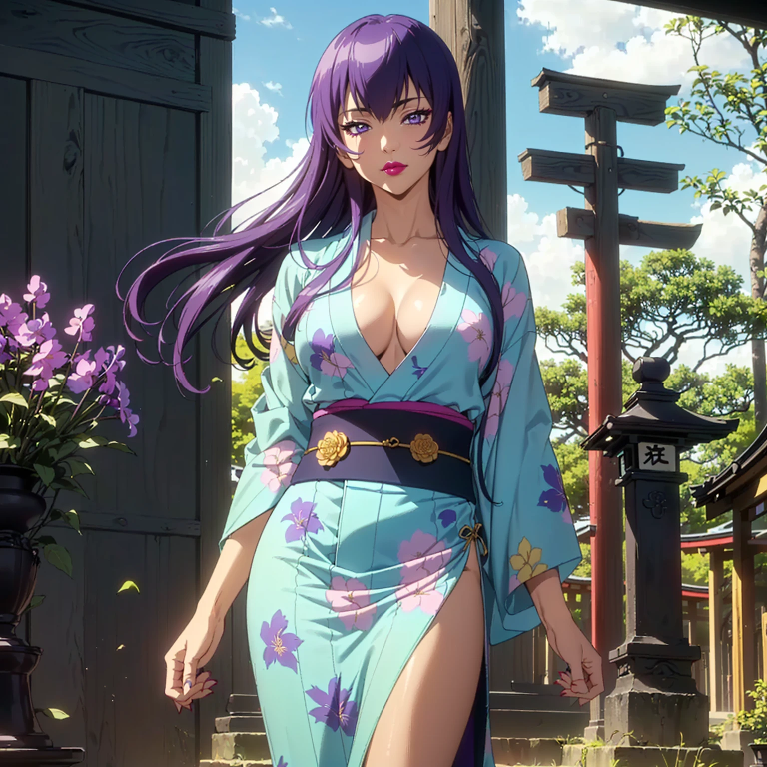 ((1girl, solo ,alone)), ((solo, 1woman, (busujima saeko, purple hair, long hair, purple eyes, pink lipstick, woman, lipstick), Extremely detailed, ambient soft lighting, 4k, perfect eyes, a perfect face, perfect lighting, a 1girl)), ((solo, (1woman, lipstick), Extremely detailed, ambient soft lighting, 4k, perfect eyes, a perfect face, perfect lighting, a 1girl)), , ((fitness,, shapely body, athletic body, toned body)), ((kimono, Yukata, Japanese garden, Japanese temple, forest, torii, trees, city in the background, red lipstick, clouds, smug, printed kimono, jacaranda trees, flowes, neckline, cleavage, flowers))