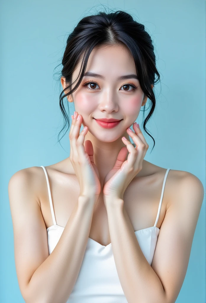 A young woman with a soft, fair complexion and delicate features, styled with minimal and natural makeup. Her hair is neatly tied back in a low bun, with loose strands framing her face. She is wearing a simple white spaghetti-strap dress, striking a playful and curious pose with her hands lightly touching her cheeks. The background is a soft pastel blue, creating a fresh and cheerful atmosphere. Studio lighting, high detail, professional photography, elegant and minimalist aesthetic.