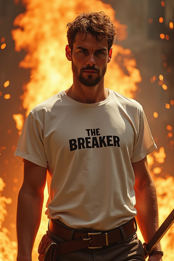 Describe 1 male character whose face is handsome and scary like a mafia while smoking a cigarette with clothes that say Lorenzo