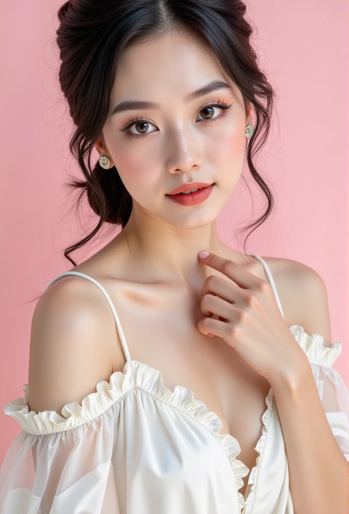 A young woman with fair, flawless skin, soft and elegant features, styled in a natural and minimalistic makeup look, wearing a flowing white dress with delicate straps. Her hair is styled in a neat updo with a few loose strands framing her face. She exudes a serene and graceful aura, posed with one hand gently touching her shoulder. The background is soft pastel pink, creating a dreamy and elegant atmosphere, studio lighting, high detail, professional photography.”