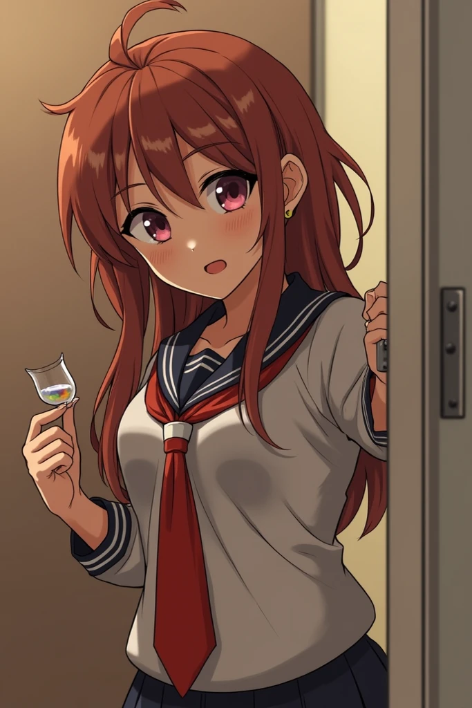 (masterpiece, highest quality:1.2),figure,8K,hd,1 girl,alone,Brown_hair,folded_ponytail,Brown_eye,serafuku,length_hair,School_uniform,（(The lower body is a white bikini)）,smile、Are standing、facing forward