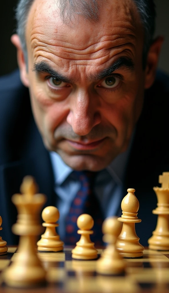 "A close up of Garry Kasparov ,  with an expression of amazement and frustration .  His face reflects the moment he realizes that he is being overcome by Deep Blue,  as the chess pieces on the board seem to take on a new dimension ,  reflecting the tension and the unavoidability of defeat ."