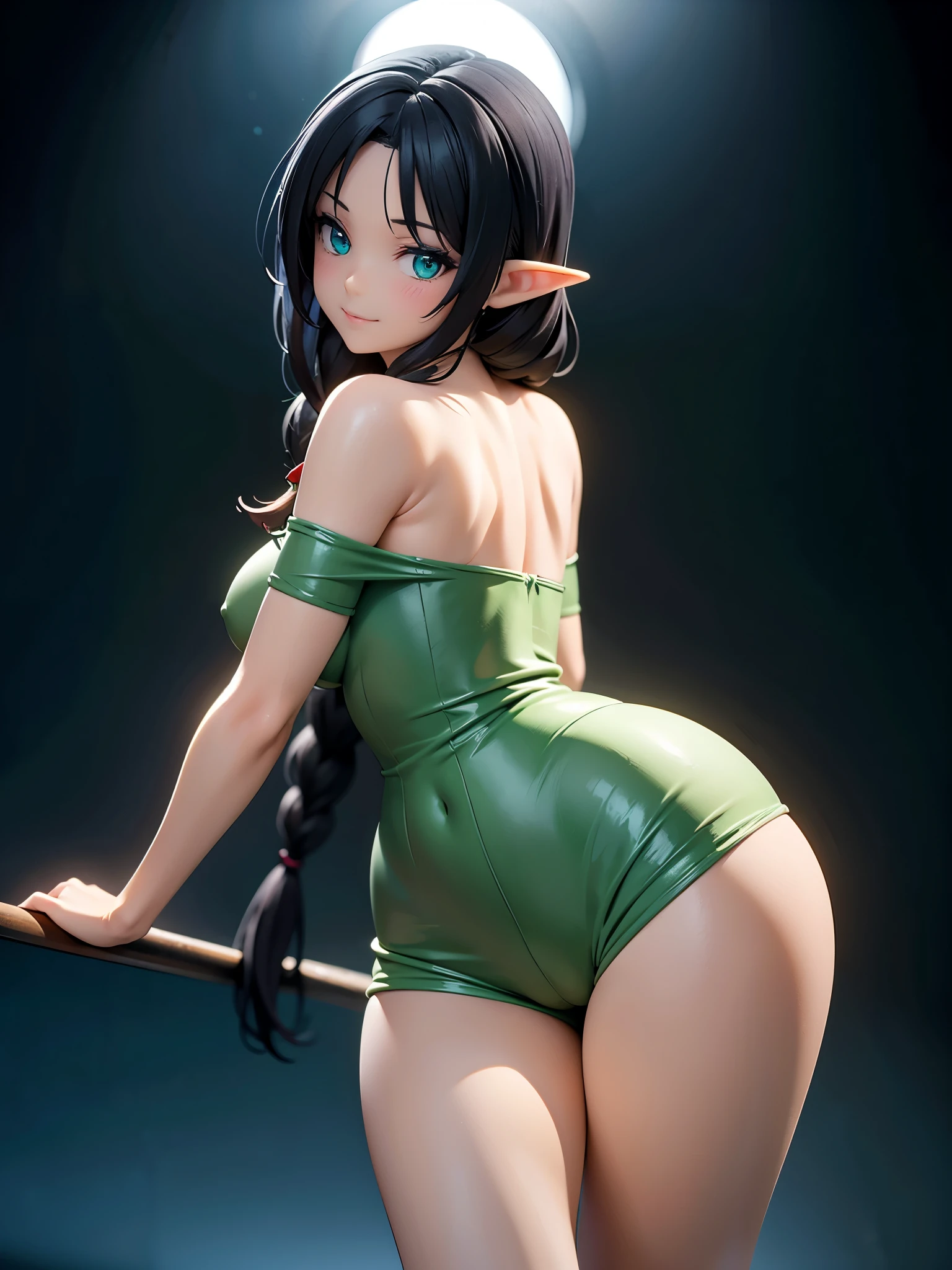 detailed image, realistic image, of 1 elf, with very long black hair, styled with braids, turquoise eyes, has a curvy body, medium breasts, slim waist, wide hips, thick thighs, wearing an off-shoulder top, casual short shorts, smiling, seen from below, arching back, bent over, ambient light, volumetric illumination