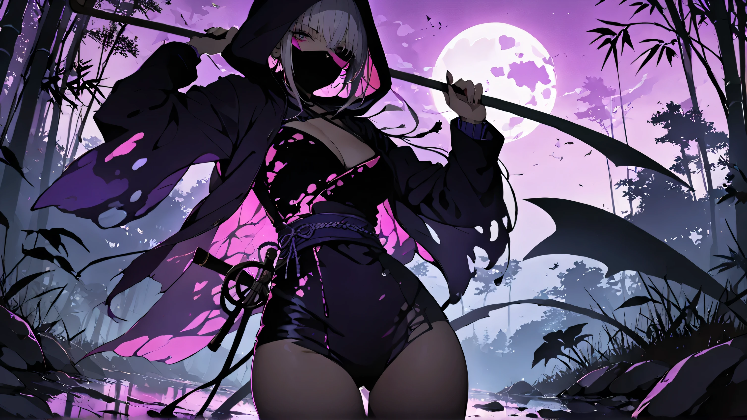 8k,masterpiece,best quality, ((( silhouette art:1.4))), a stylish and sexy ninja hoodie that shows off her cleavage and thighs, (Double Exposure:1.3), Bright violet and silver hair with pink streaked, Japanese garden with bamboo grove,wields an infernal Grim Reaper's huge scythe to hunt souls,Blue Moon, (close-up), a female ninja with one eye covered with a black cloth like an eyepatch,Japanese neon that shines in pink and purple is reflected in a puddle.,mid-night