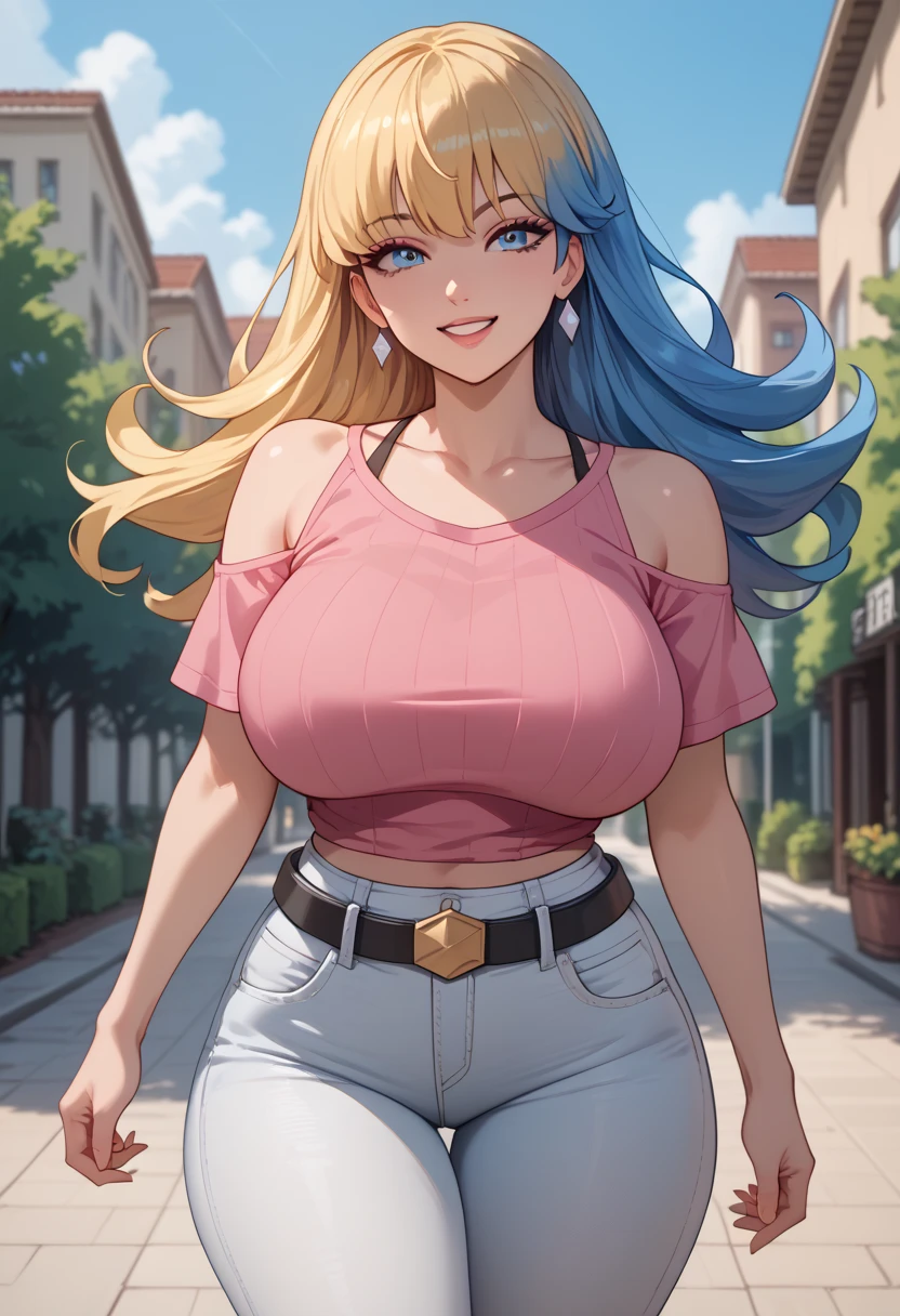 1 girl,  big breasts , caderas grandes,  small waist ,  big thighs, Expression of joy ,  blue hair,  bare shoulders, neckline,  blue eyes,  long blonde hair , pink t-shirt,  white jeans, Diafragma,  big breasts , very low cut top,  Ultra-low waist jeans ,  groin lines , Sliding belt, outdoors, sunny,