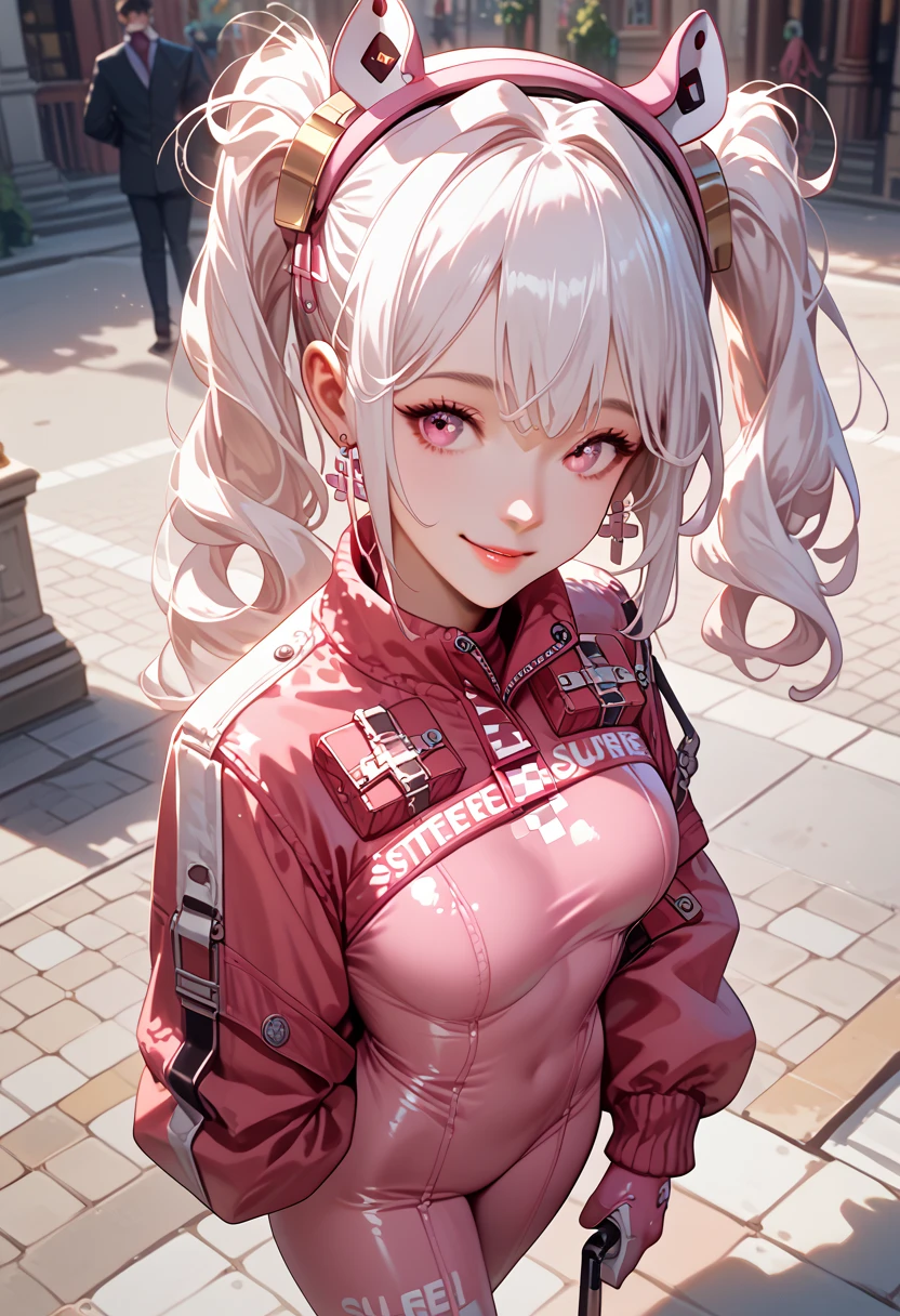 alicedef ,  pink eyes , white hair, collections, cabello muy largo, blows, AuriculAres,  fake animal ears , AuriculAres de animales,  \(Clothes\),  long sleeves, pechos grandes, Body rosa,  latex suit , multicolored gloves , Pink gloves, white gloves,9, score_8_above, score_7_above, masterpiece , better quality , perfect anatomy , very aesthetic ,Arte oficial,8K, round_fur,fair_fur,white_fur,   Walking down the street with a smile