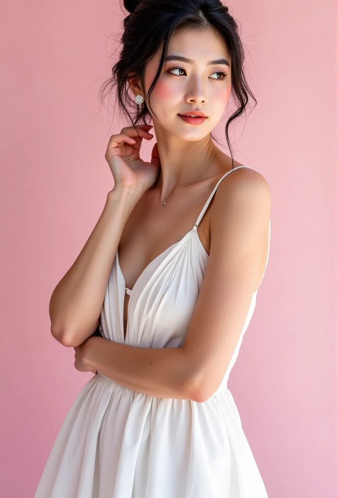 A young woman with fair, flawless skin, soft and elegant features, styled in a natural and minimalistic makeup look, wearing a flowing white dress with delicate straps. Her hair is styled in a neat updo with a few loose strands framing her face. She exudes a serene and graceful aura, posed with one hand gently touching her shoulder. The background is soft pastel pink, creating a dreamy and elegant atmosphere, studio lighting, high detail, professional photography.”