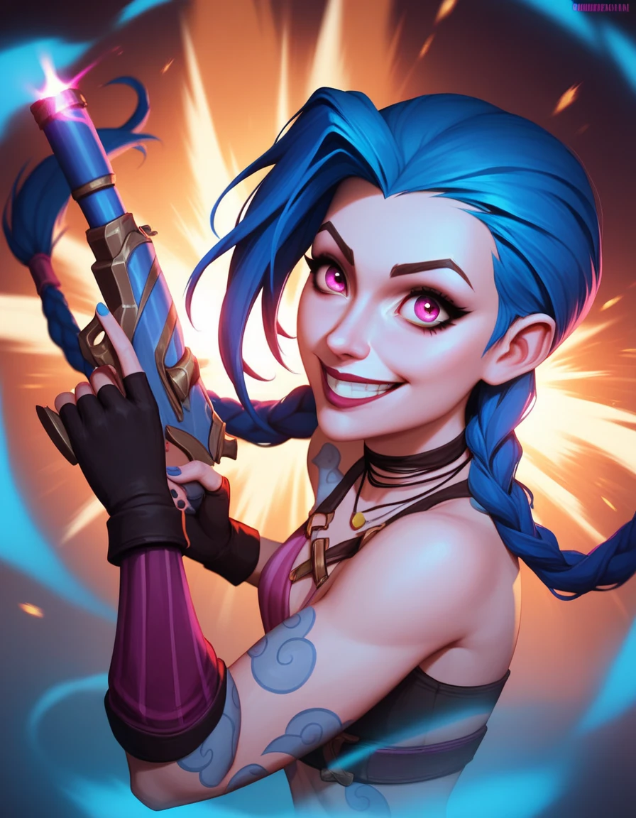 jinx, Draw a light on a blue, faced k-pop girl, (masterpiece:1.2),hi-res,4k,extremely delicate and beautiful art,pastel color,jinx_/(league of legends/), pink eyes, blue hair, [twin braids] full body,standing, portrait, arcane, dynmaic pose, action pose, explosion, holding a gun, smile, wide eyes jumping, realistic, close 