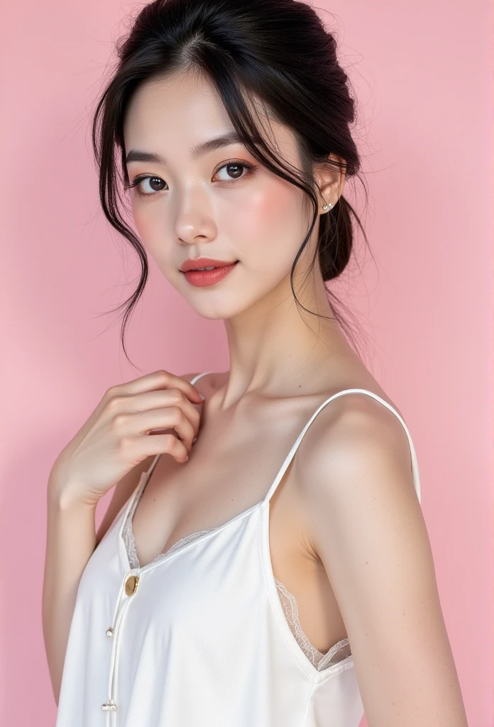 A young woman with fair, flawless skin, soft and elegant features, styled in a natural and minimalistic makeup look, wearing a flowing white dress with delicate straps. Her hair is styled in a neat updo with a few loose strands framing her face. She exudes a serene and graceful aura, posed with one hand gently touching her shoulder. The background is soft pastel pink, creating a dreamy and elegant atmosphere, studio lighting, high detail, professional photography.”