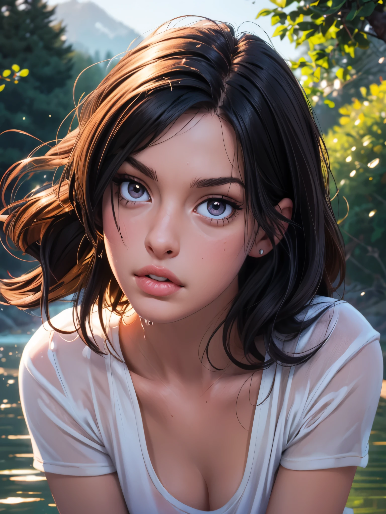beautiful girl,wet t-shirt,tight wet clothes,water dripping,beautiful detailed eyes,beautiful detailed lips,extremely detailed eyes and face,longeyelashes,athletic fit,looking at camera,dynamic pose,outdoor scene,nature background,trees,sunlight,warm lighting,golden hour,photorealistic,cinematic lighting,high quality,8k,detailed,realistic,masterpiece,anne hathaway
