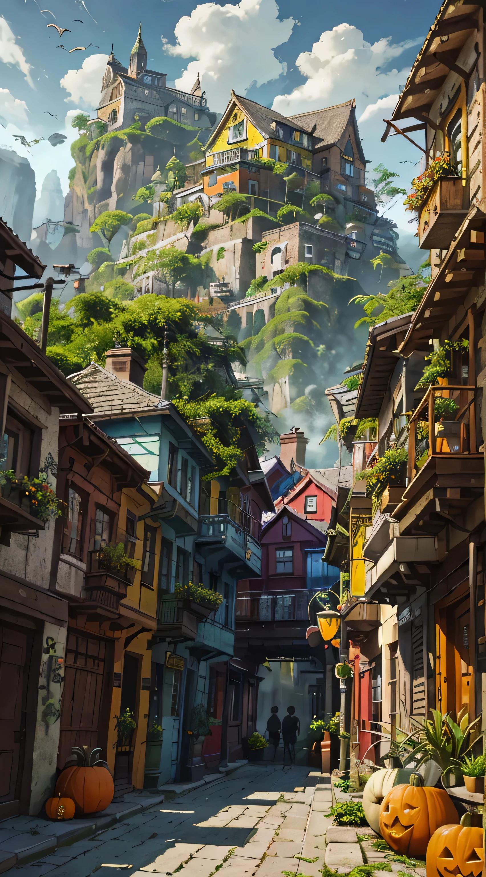 there are pumpkins on the front of a house with a red brick walkway, colorful house, colorful building, brightly colored buildings, colorful houses, colorful buildings, colourful, colorful caparisons, colorful architecture, the neat and dense buildings, house's and shops and buildings, rich colourful, red - yellow - blue building, very colourful, multi - coloured, wooden houses, grin face, young, (Masterpiece), ((Blue skin)), (best detail), digital art, (best qualtiy), Cinematic texture, ((Avatar style)), beautiful pupil, The background is jungle, the rainforest, big leafs