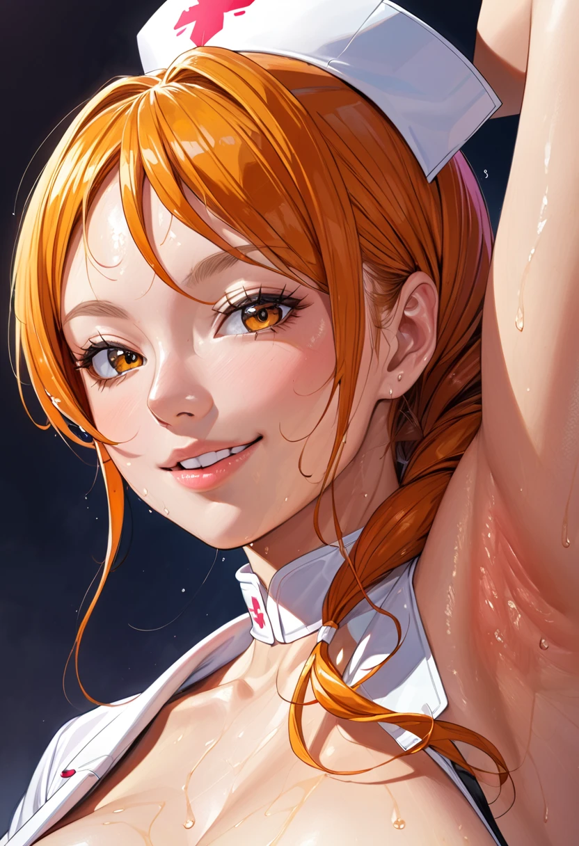 ( masterpiece,  better quality ), 1chica, nami, stunning, smile, breast, armpits, nurse, close up, showing her armpit, armpit focus,command to lick, sweaty