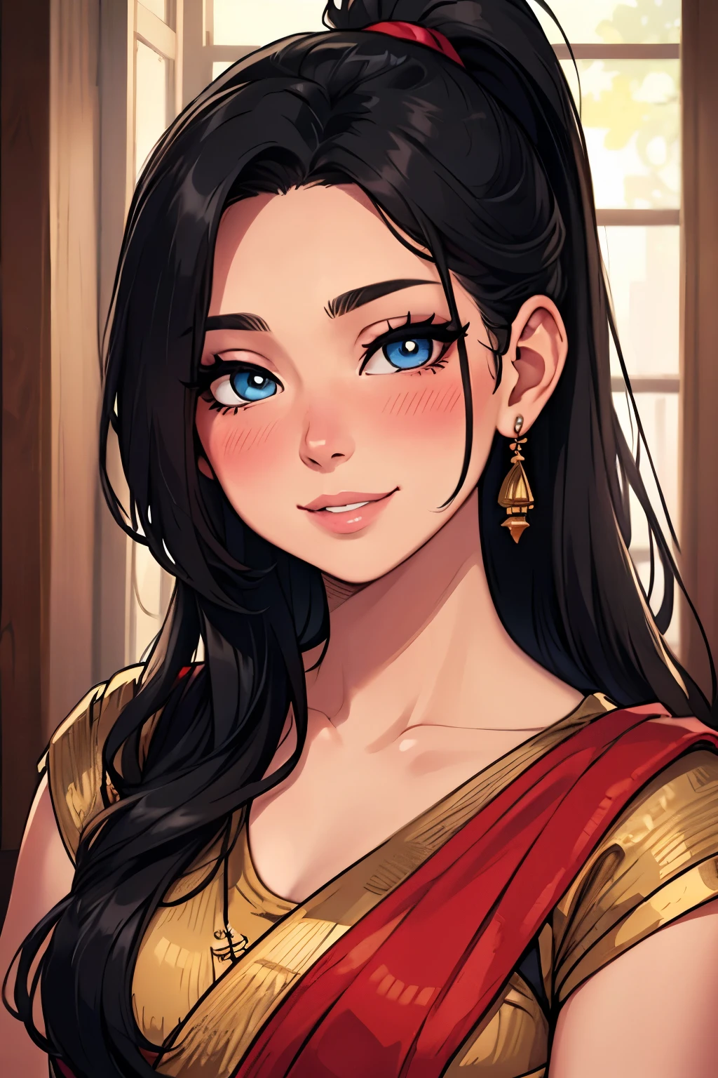 Amazing Portrait, Housewife, Black Hair, Long Hair, Messy Ponytail, Fair Complexion, Perfect Features, Beautiful Eyes, Glimmering Eyes, Soft Lips, Natural Beauty, Full-Face Blush, Very Cute, Gentle Smile, Saree