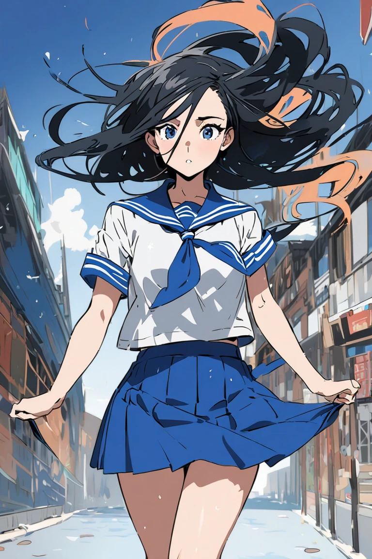anime artwork civitchan arms raised up holding a ((destructo disk)) in both hands over head , bangs, belt, black hair, black skirt, blue eyes, blue hair, blunt bangs, braid, breasts, brown pantyhose, girl, coat, collared shirt, colored inner hair, labcoat, lips, long hair, lookimulticolored hair, open clothes, pencil skirt, standing, two-tone hair, white shirt, upper body, looking up, simple background, outdoors, ((from below angle)), extremely detailed, solo, (SFW) <lora:Perfect Hands v2:1> <lora:DetailedEyes_V3:1> <lora:destructo disk:1> <lora:SDXLCivitaiChanBday:1> . anime style, key visual, vibrant, studio anime, highly detailed