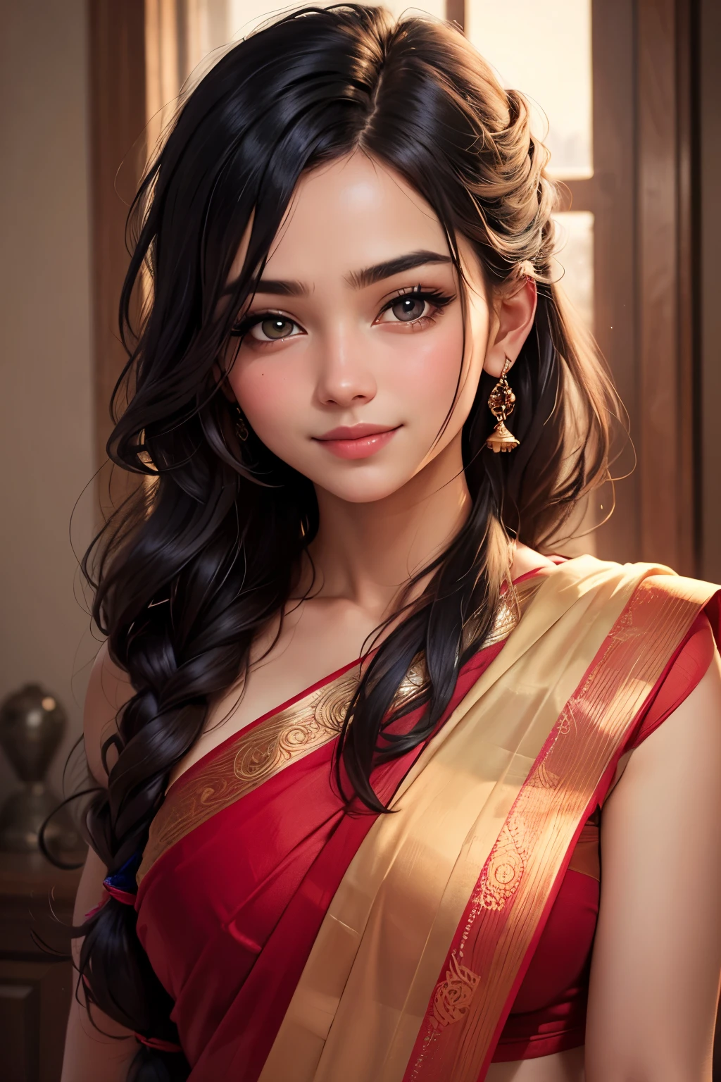 Amazing portrait of a sexy woman with a beautiful face having long straight hair with detailed eyes and detailed lips wearing some elegant earrings and a saree with embroidery as she's seductively gazing and smiling and blushing intensely with a perfect and hot body