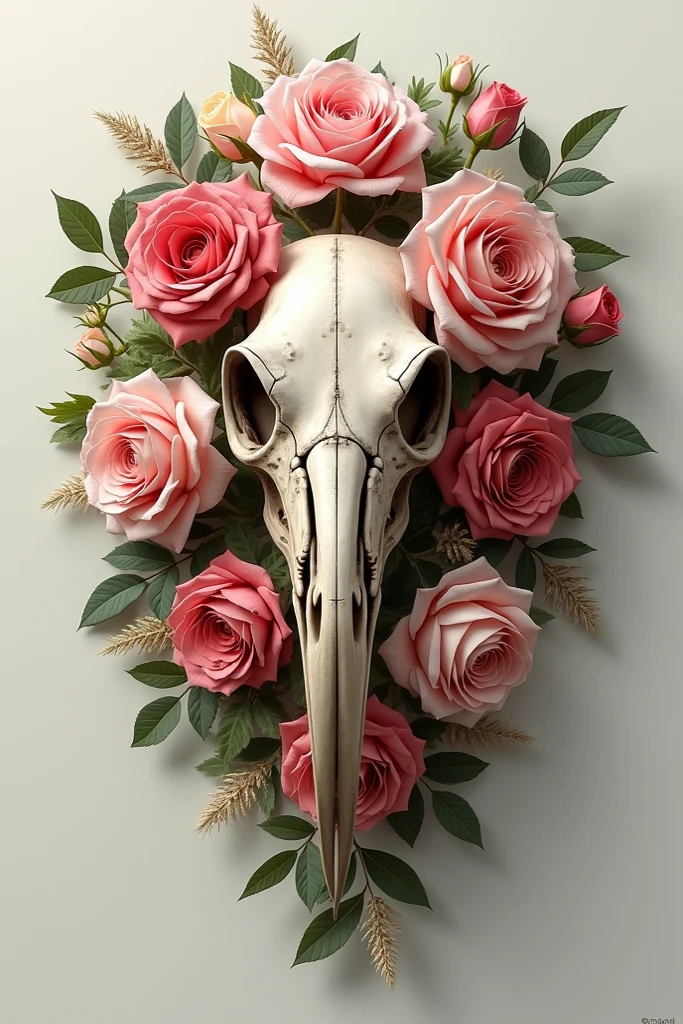 rabbit skull shape and a crimson rose in the eye